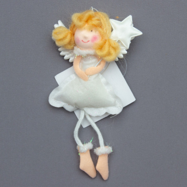Новорічна ялинкова іграшка - фігурка Янголятко в білій сукні зірка праворуч вгору, 14 см, текстиль (220938-4)