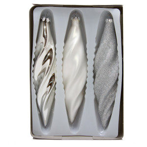 Набір ялинкових іграшок - закручені бурульки, 3 шт, 16 см, сріблястий, мікс, скло (390168-1)