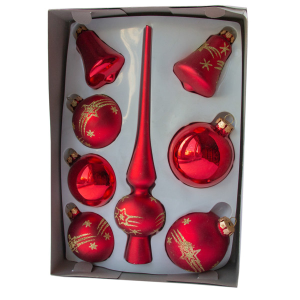 Набір ялинкових іграшок - кулі з верхівкою, 8 шт, D6-8 см, скло, червоний, маленькі зірки, мікс (390281-9)
