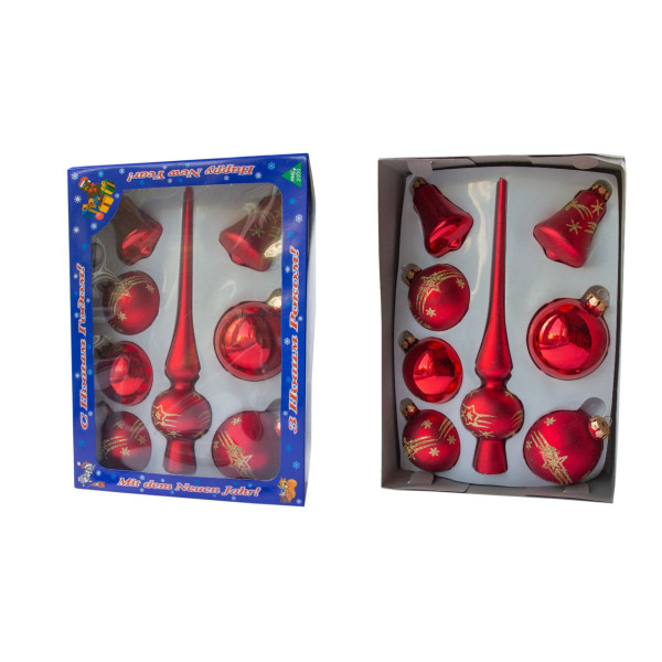 Набір ялинкових іграшок - кулі з верхівкою, 8 шт, D6-8 см, скло, червоний, маленькі зірки, мікс (390281-9)