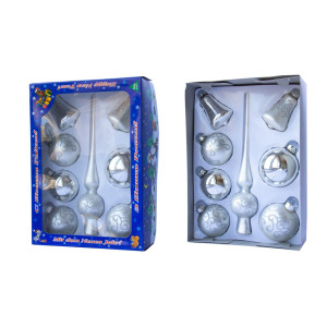 Набір ялинкових іграшок - кулі з верхівкою, 8 шт, D6-8 см, сріблястий, хвилі, скло, мікс (390281-1)