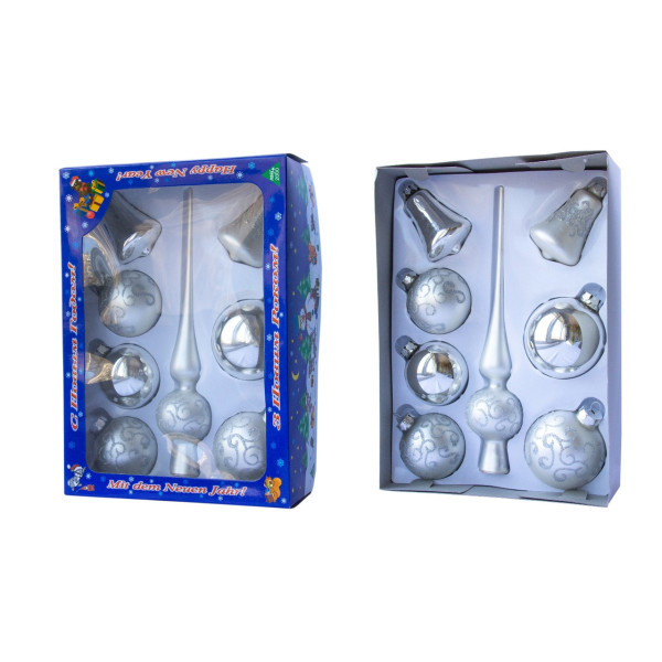 Набір ялинкових іграшок - кулі з верхівкою, 8 шт, D6-8 см, сріблястий, хвилі, скло, мікс (390281-1)