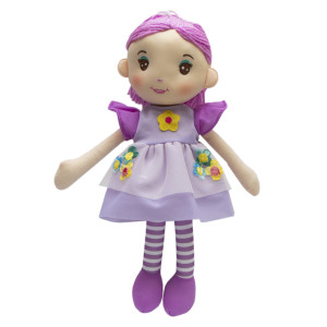 М'яка іграшка лялька з вишитим обличчям, 36 см, три квітки, фіолетова сукня (861057-2)