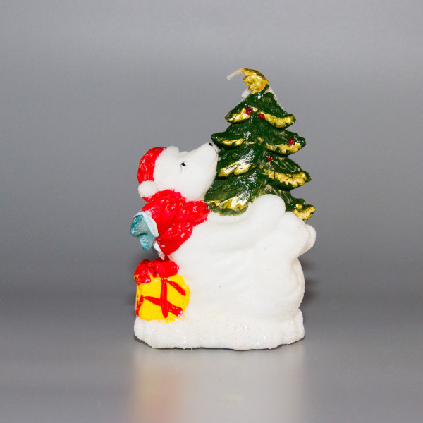 Свічка - Ведмідь з ялинкою, 7,3x5,9x11,2 см, білий з червоним, парафін (790722-1)