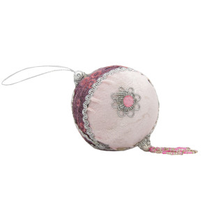 Ялинкова іграшка - куля з тканини вишита бісером, D10 см, рожева, текстиль (430222-4)