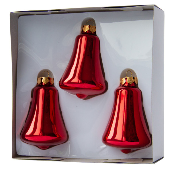 Набір ялинкових іграшок - дзвіночки, 3 шт, 6 см, червоний, скло, глянець (390144-3)