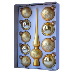Набір ялинкових іграшок - кулі з верхівкою, 10 шт, D5-6 см, золотистий, хвилястий, скло, мікс (390267-5)
