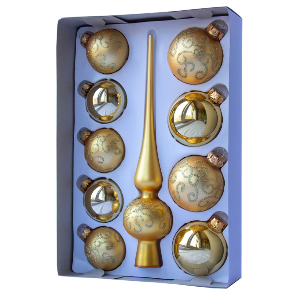 Набір ялинкових іграшок - кулі з верхівкою, 10 шт, D5-6 см, золотистий, хвилястий, скло, мікс (390267-5)