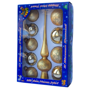 Набір ялинкових іграшок - кулі з верхівкою, 10 шт, D5-6 см, золотистий, хвилястий, скло, мікс (390267-5)