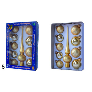 Набір ялинкових іграшок - кулі з верхівкою, 10 шт, D5-6 см, золотистий, хвилястий, скло, мікс (390267-5)