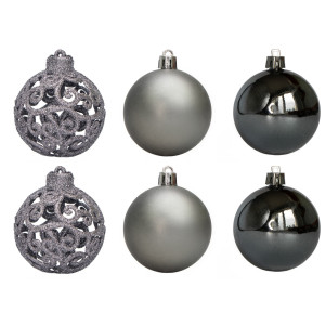 Набір ялинкових іграшок - кулі, 6 шт, D6 см, сріблястий, матовий, глянець, гліттер, пластик (251758)