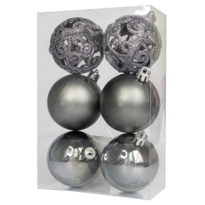 Набір ялинкових іграшок - кулі, 6 шт, D6 см, сріблястий, матовий, глянець, гліттер, пластик (251758)