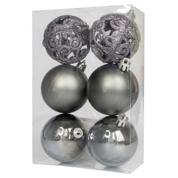 Набір ялинкових іграшок - кулі, 6 шт, D6 см, сріблястий, матовий, глянець, гліттер, пластик (251758)