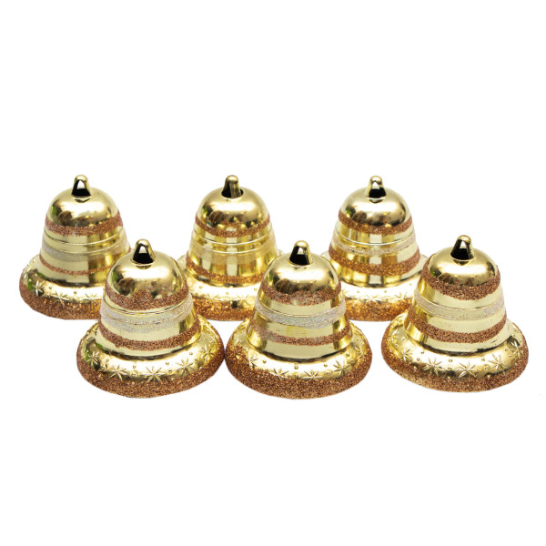 Набір ялинкових іграшок - Дзвіночки, 6 шт, 5 см, золотистий, пластик, мікс (032921)