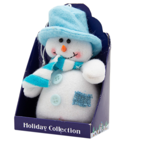 Ялинкова іграшка м'яка - Сніговик в блакитному капелюсі-циліндрі, 9 см, білий, текстиль (000265-6)