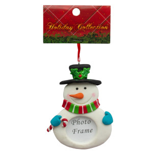 Новорічна ялинкова іграшка - фоторамка гумова Сніговик з цукеркою, 9,5 см, білий, полірезин (001545-7)