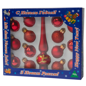 Набір ялинкових іграшок - міні-кулі з міні-верхівкою, 15 шт, D3 см, червоний, мікс, скло (390748-3)