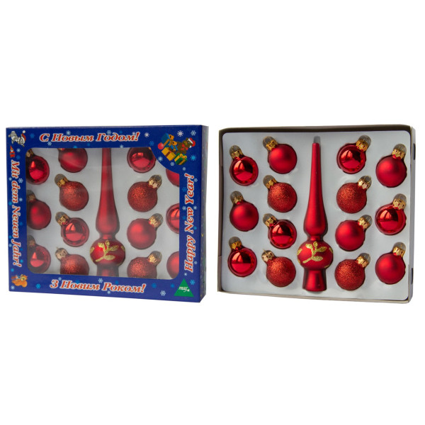 Набір ялинкових іграшок - міні-кулі з міні-верхівкою, 15 шт, D3 см, червоний, мікс, скло (390748-3)