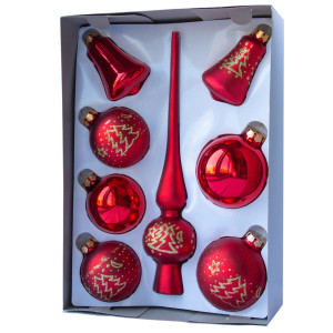 Набір ялинкових іграшок - кулі з верхівкою, 8 шт, D6-8 см, червоний з ялинкою, скло, мікс (390281-6)
