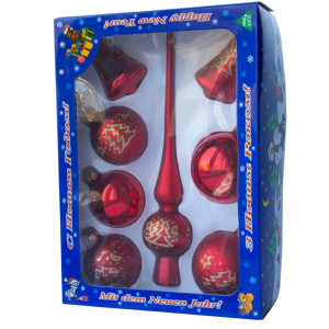 Набір ялинкових іграшок - кулі з верхівкою, 8 шт, D6-8 см, червоний з ялинкою, скло, мікс (390281-6)