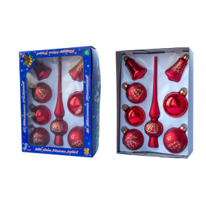 Набір ялинкових іграшок - кулі з верхівкою, 8 шт, D6-8 см, червоний з ялинкою, скло, мікс (390281-6)