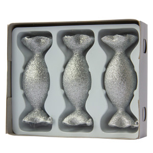 Набір ялинкових іграшок - цукерки, 3 шт, 3,5x10 см, сріблястий, гліттер, скло (390151-16)