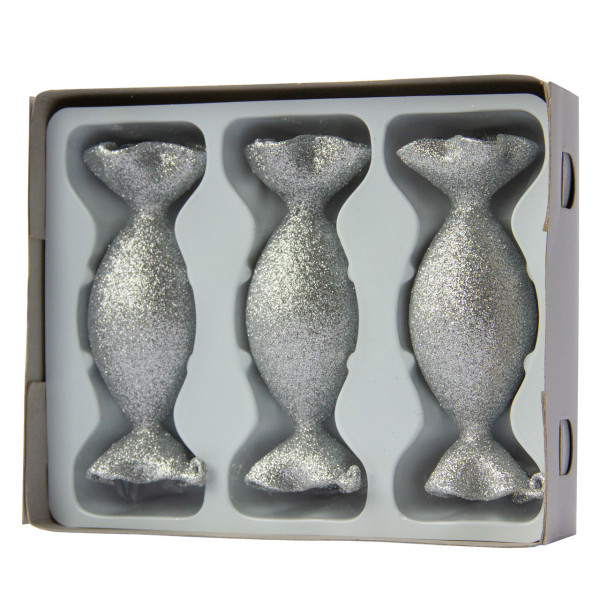 Набір ялинкових іграшок - цукерки, 3 шт, 3,5x10 см, сріблястий, гліттер, скло (390151-16)