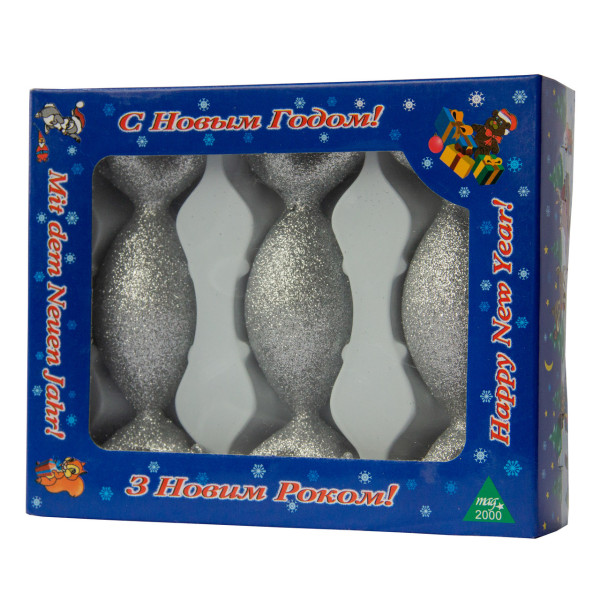 Набір ялинкових іграшок - цукерки, 3 шт, 3,5x10 см, сріблястий, гліттер, скло (390151-16)