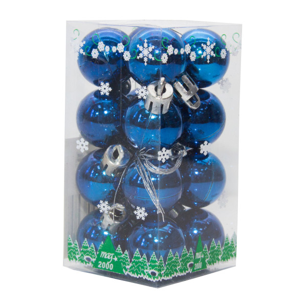 Набір ялинкових іграшок - міні-кулі, 16 шт, D2,5 см, синій, глянець, пластик (890605)