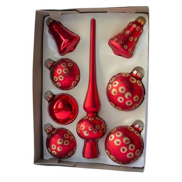 Набір ялинкових іграшок - кулі з верхівкою, 8 шт, D6-8 см, червоний, в крапку, скло, мікс (390281-10)