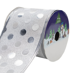 Декоративна прикраса - стрічка в рулоні сірий в горошок, 3 м, 6,3 см, сріблястий, ПВХ (080587-4)