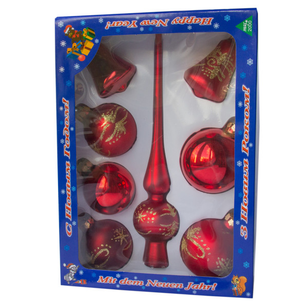 Набір ялинкових іграшок - кулі з верхівкою, 8 шт, D8 см, червоний, сніжинка, скло, мікс (390281-11)
