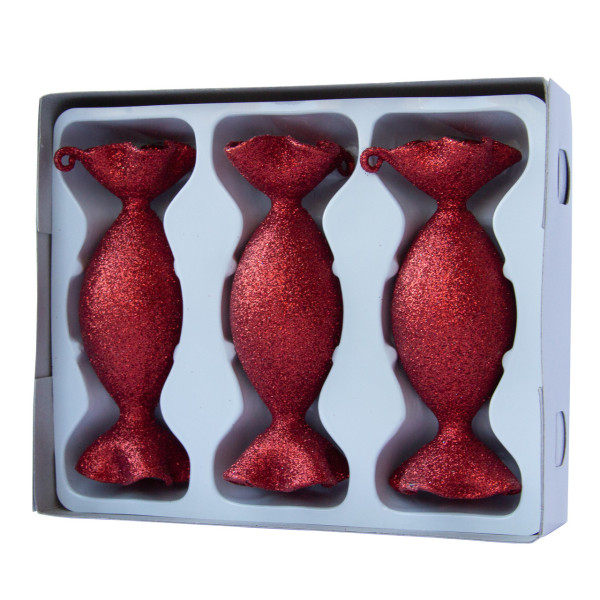 Набір ялинкових іграшок - цукерки, 3 шт, 3,5x10 см, червоний, гліттер, скло (390151-10)