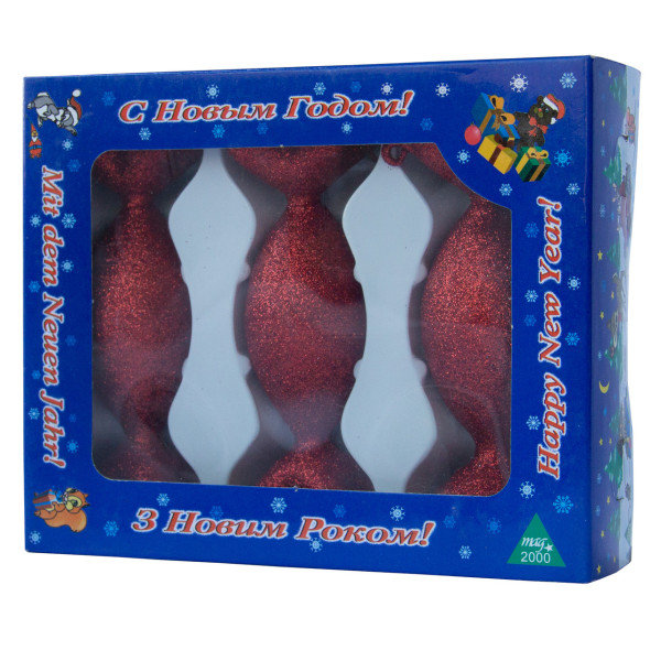 Набір ялинкових іграшок - цукерки, 3 шт, 3,5x10 см, червоний, гліттер, скло (390151-10)