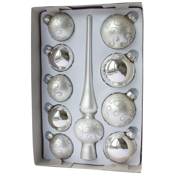 Набір ялинкових іграшок - кулі з верхівкою, 10 шт, D5-6 см, сріблястий, в хвилі, скло, мікс (390267-13)
