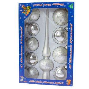 Набір ялинкових іграшок - кулі з верхівкою, 10 шт, D5-6 см, сріблястий, в хвилі, скло, мікс (390267-13)