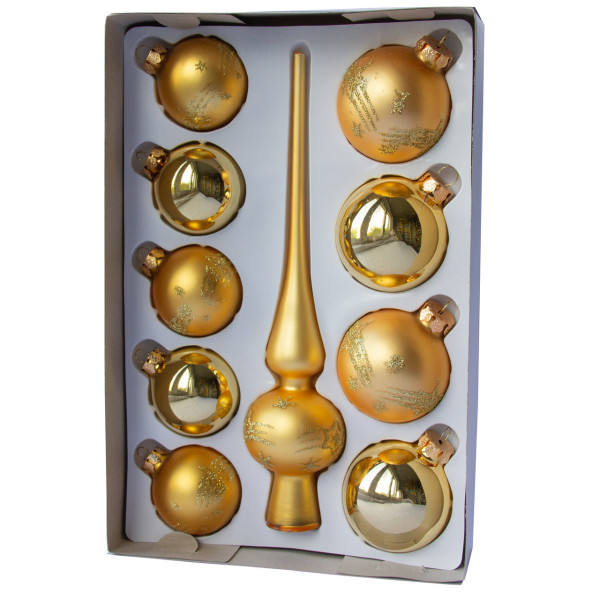 Набір ялинкових іграшок - кулі з верхівкою, 10 шт, D5-6 см, золотистий, у маленькі зірки, скло, мікс (390267-17)