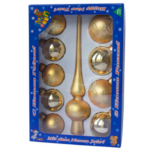 Набір ялинкових іграшок - кулі з верхівкою, 10 шт, D5-6 см, золотистий, у маленькі зірки, скло, мікс (390267-17)