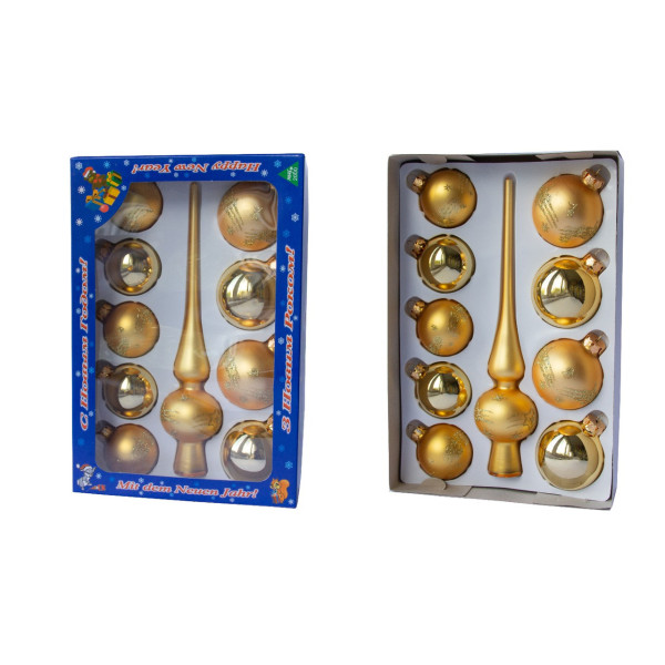 Набір ялинкових іграшок - кулі з верхівкою, 10 шт, D5-6 см, золотистий, у маленькі зірки, скло, мікс (390267-17)