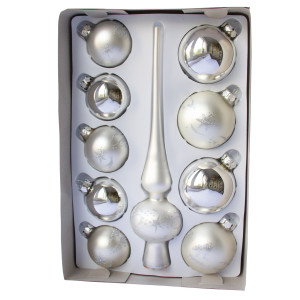 Набір ялинкових іграшок - кулі з верхівкою, 10 шт, D5-6 см, сріблястий, в сніжинки, скло, мікс (390267-14)