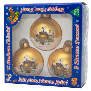 Набір ялинкових іграшок - кулі з розписом, 3 шт, D8 см, золотистий, матовий, скло (390441-2)