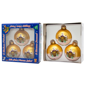 Набір ялинкових іграшок - кулі з розписом, 3 шт, D8 см, золотистий, матовий, скло (390441-2)