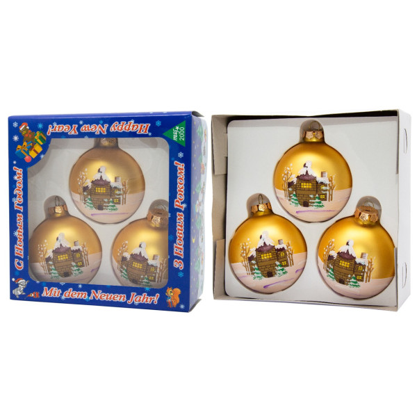 Набір ялинкових іграшок - кулі з розписом, 3 шт, D8 см, золотистий, матовий, скло (390441-2)