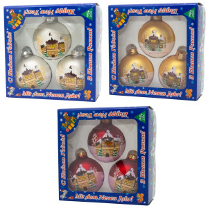 Набір ялинкових іграшок - кулі з розписом, 3 шт, D8 см, золотистий, матовий, скло (390441-2)