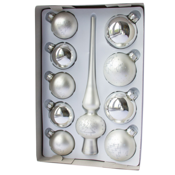 Набір ялинкових іграшок - кулі з верхівкою, 10 шт, D5-6 см, сріблястий, мікс, в ялинку, скло (390267-12)