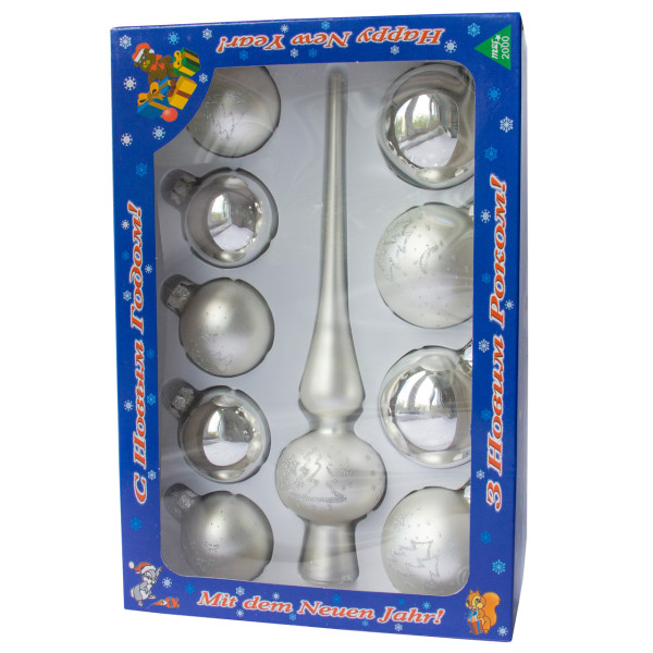 Набір ялинкових іграшок - кулі з верхівкою, 10 шт, D5-6 см, сріблястий, мікс, в ялинку, скло (390267-12)