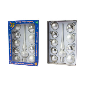 Набір ялинкових іграшок - кулі з верхівкою, 10 шт, D5-6 см, сріблястий, мікс, в ялинку, скло (390267-12)