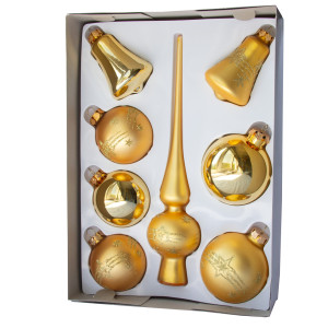 Набір ялинкових іграшок - кулі з верхівкою, 8 шт, D6-8 см, золотистий, зірка та смужки, скло, мікс (390281-3)