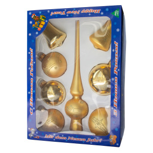 Набір ялинкових іграшок - кулі з верхівкою, 8 шт, D6-8 см, золотистий, зірка та смужки, скло, мікс (390281-3)