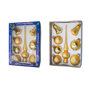 Набір ялинкових іграшок - кулі з верхівкою, 8 шт, D6-8 см, золотистий, зірка та смужки, скло, мікс (390281-3)